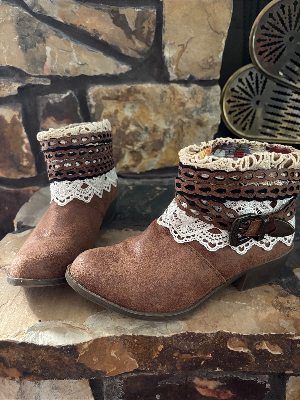 Women's Brown Lace-Trim Ankle Booties with Buckle Accent